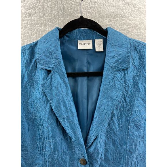 Chicos Womens Suit Jacket Blazer Blue Floral Embroidered Lined Pockets 1 M/8 - Picture 6 of 8